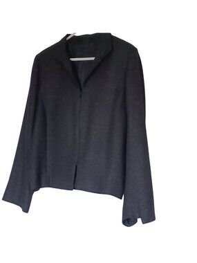 VTG Blazer Jacket Handmade Black Wool Gabardine Cropped Zip Womens Large